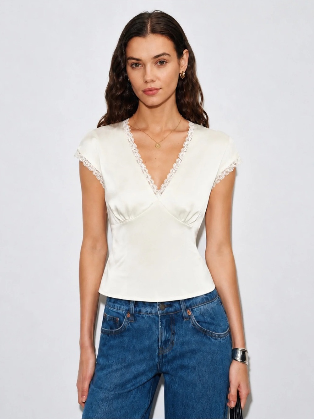 Rihoas Apricot V Neck Lace Satin Tee